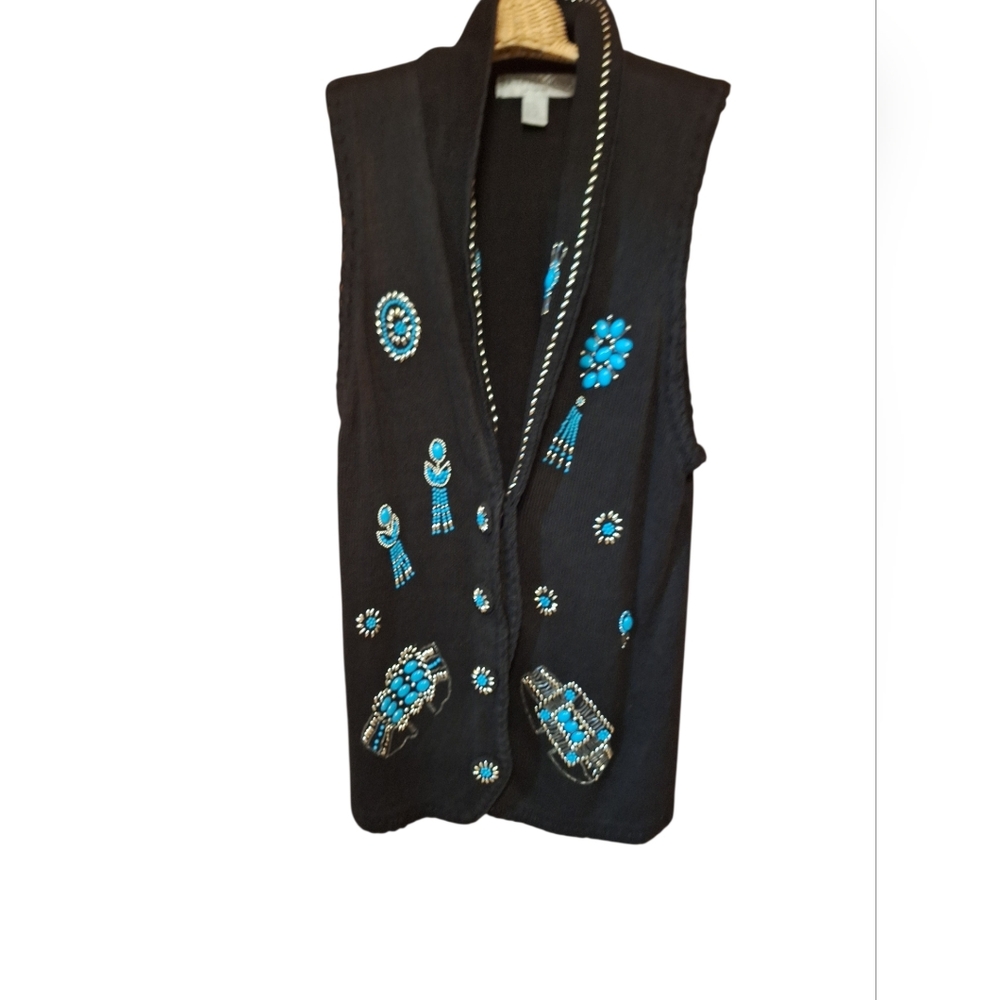 Vintage Victoria Jones Black Knit Southwest Beaded Long Sleeveless Cardigan 1x